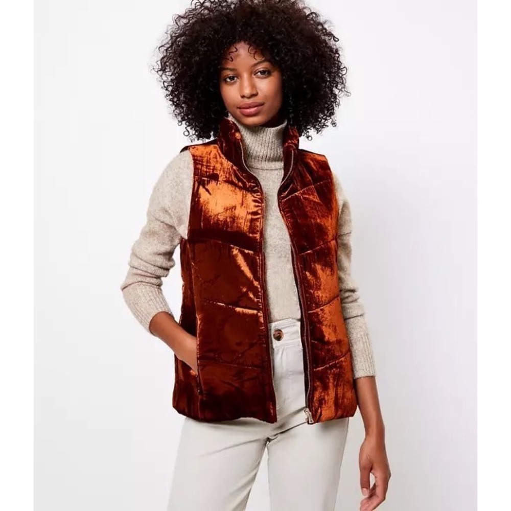 LOFT Rust Color Crushed Velvet Quilted Puffer Vest Full Zip Front Fall Winter XL